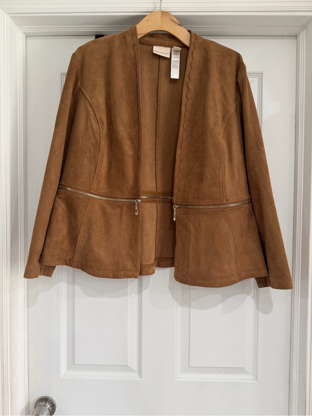 Chico's Brown Faux Suede Scalloped Open Front Jacket